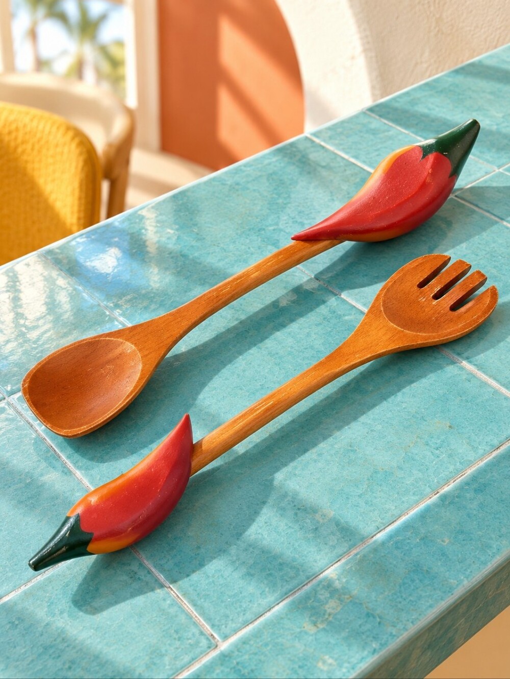 Vintage Chili Pepper Wooden Salad Servers Spoon Fork 15" Retro Kitchen